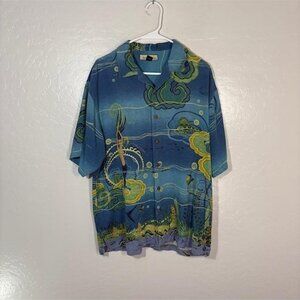 Tommy Bahama Shirt Mens Medium Blue Silk Hawaiian Mermaid Print Camp Aloha